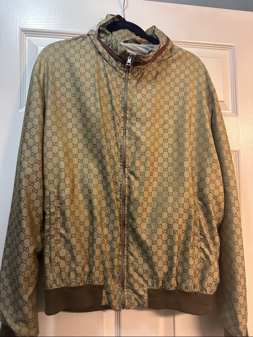 Gucci Beige Monogram Track Jacket with Green-Red Collar Trim